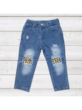Light Wash Distressed Denim with Leopard 18 - 24 Months Kids all sizes
